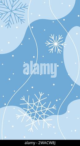 Winter Schneeflocken Hintergrund. Modeschauen-Flyer, leichte Banner mit abstrakten Formen. Blaue Farben und weiße Flakes, Hintergrund der sozialen Medien, deckt die Kollektion ab. Vektorabbildung Stock Vektor