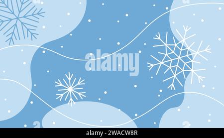 Winter Schneeflocken Hintergrund. Modeschauen-Flyer, leichte Banner mit abstrakten Formen. Blaue Farben und weiße Flakes, Hintergrund der sozialen Medien, deckt die Kollektion ab. Vektorabbildung Stock Vektor