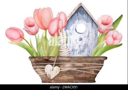 Handgefertigtes Vogelhaus in Aquarell und Tulpen in Einem Topf symbolisieren Ostern und Frühling Stock Vektor