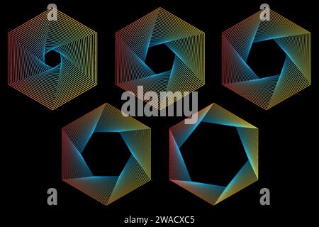 Satz abstrakter geometrischer Formen auf schwarzem Hintergrund. Vektorentwurzelemente. Stock Vektor