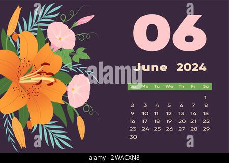 Kalendervorlage „Floral Juni 2024“. Mit bunten Blumen und Blättern. Bearbeitbare Seitenvorlage mit Illustrationen. Vektornetz. Die Woche beginnt am Sonntag. Stock Vektor