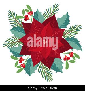 Winterbeeren und -Blätter. Vektor-Winterelemente mit Blatt, Tanne, Tannenzweigen, Beere. Weihnachtliche Blumenkollektion für Einladungen, Grußkarten, Textilien, Stoff, Poster. Botanisches Muster. Stock Vektor
