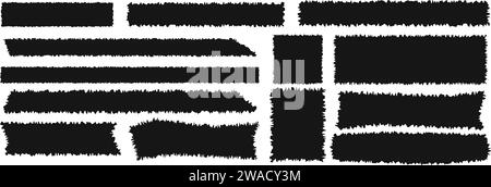 Satz verschiedener Papierrisse. Schwarze Rechteckformen mit geriffelten Kanten, die auf weißem Hintergrund isoliert sind. Leeres gezacktes Textfeld, Tag, Patch, Bandvorlagen. Vektorgrafik Stock Vektor