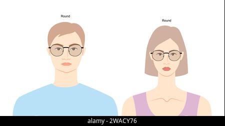 Runde Rahmen Brille auf Frauen und Männer flache Charakter Mode Accessoire Illustration. Sonnenbrille Vorderansicht Unisex Silhouette Stil, Rand Brille Brille mit Linse Sketch Stil Umriss isoliert Stock Vektor