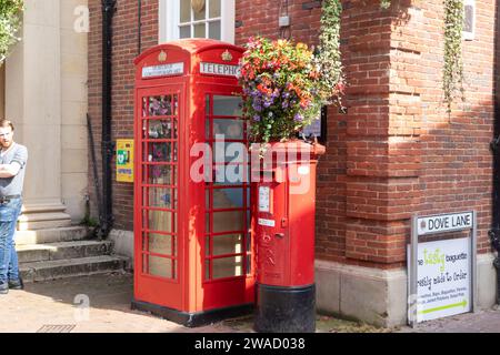 Sidmouth Devon, die rote Londoner Telefonbox wurde in ein Mikromuseum umgewandelt, in dem verschiedene Kunstwerke gezeigt werden, darunter Urlauber aus Sidmouth, England, Großbritannien, 2023 Stockfoto