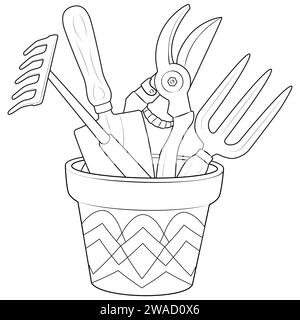 Gartenwerkzeuge in einem Topf umreißen Symbole. Schwarz-weiß gravierter Vektor von verschiedenen Werkzeugen, Schaufel, Rechen, Schere. Ausmalseite für Kinder und Erwachsene. Vektorabbildung Stock Vektor