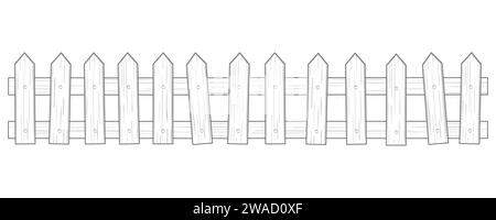 Cartoon Holzzaun Vektorsatz, Garten oder Bauernhof Palisade. Geländer, Geländer oder Zaunabschnitte mit dekorativen Säulen. Schwarzweiß-Farbseite. Vektorabbildung Stock Vektor