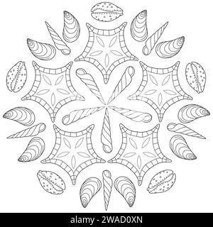 Meermandala Ausmalseite. Anti-Stress-Malseite für Kinder und Erwachsene. Muscheln, Seesterne, Ozean. Schöne Zeichnung mit kleinen Details. Malbuch. Vektorabbildung. Stock Vektor
