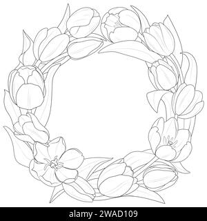 Tulpenkranz. Grußkarte mit wunderschönen Tulpen. Ausmalseite für Kinder und Erwachsene. Schwarzweiß-Vektor-Illustration Stock Vektor