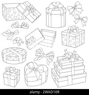 Verschiedene Geschenkboxen mit Schleife. Geschenkset. Weihnachtskritzelsymbole für Geburtstag, Neujahr, Weihnachten, Hochzeit. Feierliches Konzept im Minimalismus-Design. Schwarzweiß-Vektor-Illustration Stock Vektor