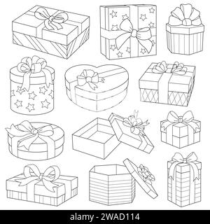 Verschiedene Geschenkboxen mit Schleife. Geschenkset. Weihnachtskritzelsymbole für Geburtstag, Neujahr, Weihnachten, Hochzeit. Feierliches Konzept im Minimalismus-Design. Schwarzweiß-Vektor-Illustration Stock Vektor
