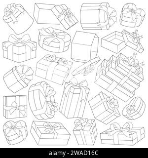 Verschiedene Geschenkboxen mit Schleife. Geschenkset. Weihnachtskritzelsymbole für Geburtstag, Neujahr, Weihnachten, Hochzeit. Feierliches Konzept im Minimalismus-Design. Schwarzweiß-Vektor-Illustration Stock Vektor
