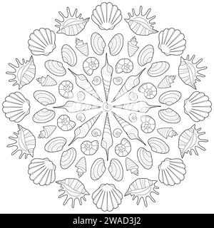 Meermandala Ausmalseite. Anti-Stress-Malseite für Kinder und Erwachsene. Muscheln, Meer. Schöne Zeichnung mit kleinen Details. Malbuch. Vektorabbildung. Stock Vektor