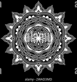 Mandala-Stylenkunst-Designs auf schwarzem Hintergrund. Ausmalseite für Kinder und Erwachsene. Muster der Entspannung und Meditation. Vektorabbildung Stock Vektor