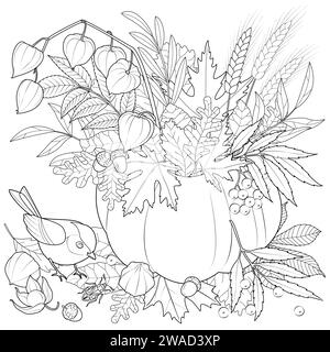 Strauß von Herbstblättern in einem Kürbis. Vogel- und Herbstblätter. Schwarz-weiß-Vektorillustration. Ausmalseite für Kinder und Erwachsene. Stock Vektor