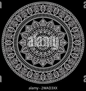 Mandala-Stylenkunst-Designs auf schwarzem Hintergrund. Ausmalseite für Kinder und Erwachsene. Muster der Entspannung und Meditation. Vektorabbildung Stock Vektor
