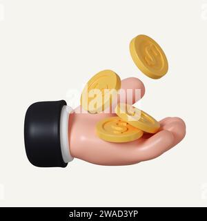 Goldene 3D-Münzen fallen in offene menschliche Handfläche. Symbol für Verdienst, Erhalt von Bankzinsen, erfolgreiche Finanztransaktion. Symbol isoliert auf weiß Stockfoto