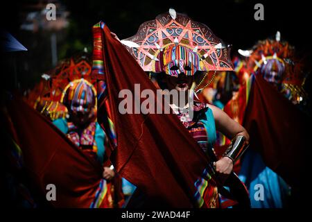 Pasto, Kolumbien. Januar 2024. Während der Canto a la Tierra Künstlerparade des Karnevals von Negros y Blancos (Karneval der Schwarzen und Weißen) in Pasto, Narino, Kolumbien, am 3. Januar 2024. Foto: Camilo Erasso/Long Visual Press Credit: Long Visual Press/Alamy Live News Stockfoto