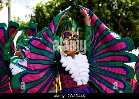 Pasto, Kolumbien. Januar 2024. Während der Canto a la Tierra Künstlerparade des Karnevals von Negros y Blancos (Karneval der Schwarzen und Weißen) in Pasto, Narino, Kolumbien, am 3. Januar 2024. Foto: Camilo Erasso/Long Visual Press Credit: Long Visual Press/Alamy Live News Stockfoto