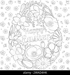 Frohe Ostern, Blumen Eiermalerei, Grußkarte. Trendiges Ostermotiv mit Frühlingsblumen. Moderner, minimalistischer Stil. Ausmalseite für Kinder und Erwachsene. Seite für Entspannung und Meditation. Stock Vektor