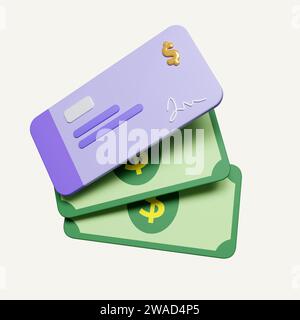 3D-Bankscheck und Geld. Zahlungsbeleg für Bankzahlung. Zusammensetzung mit Finanzkonten. Symbol isoliert auf weißem Hintergrund. 3D-Rendering Stockfoto