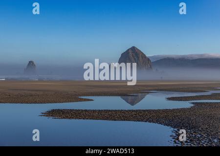 USA, Oregon, Haystack Rock am Cannon Beach im Morgennebel Stockfoto