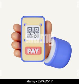 Die 3D-Hand hält das Smartphone und nutzt den mobilen App-Service mit Scan-QR-Code-Banner. Technologie und Geschäftskonzept. Symbol isoliert auf weiß Stockfoto