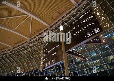 SINGAPUR - 05. NOVEMBER 2023: Richtungsschilder wie in den Shoppes at Marina Bay Sands zu sehen. Stockfoto