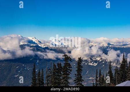 Ein Blick auf die Schneekappen der Berge, die von Wolken umgeben sind, mit dem Täler in der Ferne und den Bäumen im Vordergrund vom Blackcomb Mountain in Whistler, BC, CAN Stockfoto