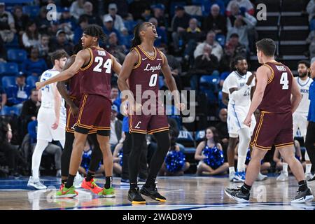 3. JANUAR 2024: Loyola (Il) Ramblers Wachmann Desmond Watson (0) schreien vor Spannung, während sein Team seine Kräfte und frühzeitig mit ihrem schnellen Start in einem regulären Saisonspiel ausfeiert, in dem die Loyola Chicago Ramblers die Saint Louis Billikens besuchten. In der Chaifetz Arena in St. Louis, MO am Mittwoch, den 03. Januar 2024 Richard Ulreich/CSM Stockfoto