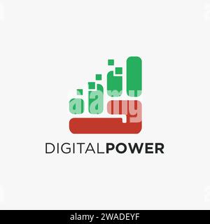Abstraktes digitales Power Logo mit Faust steigender Hand Pixel Datenvektor Vorlage auf weißem Hintergrund Stock Vektor