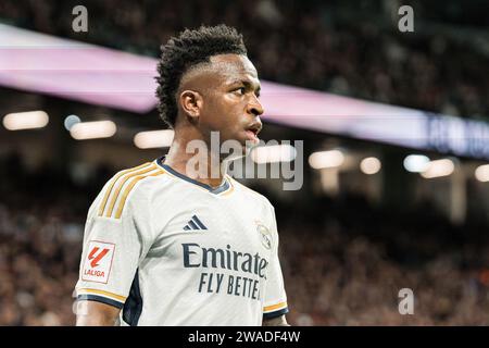 Madrid, Spanien. Januar 2024. Vinicius Junior von Real Madrid während der LALIGA EA SPORT zwischen Real Madrid und Mallorca im Santiago Bernabéu Stadion. Endergebnis: Real Madrid 1:0 Mallorca. Quelle: SOPA Images Limited/Alamy Live News Stockfoto