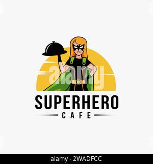 Cartoon Maskottchen Superheld Kellner Logo Vektorvorlage, Superservice Restaurant Logo Konzept auf weißem Hintergrund Stock Vektor