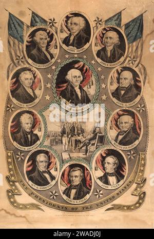 Das Litograph-Poster Presidents of the United States CA 1844 von Nathaniel Currier zeigt auch Porträts amerikanischer Präsidenten und die Unterzeichnung der Unabhängigkeitserklärung am 4. Juli 1775 Stockfoto