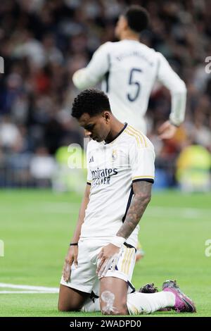 Madrid, Spanien. Januar 2024. Rodrygo Goes of Real Madrid reagiert während der LALIGA EA SPORT zwischen Real Madrid und Mallorca im Santiago Bernabéu Stadion. Endergebnis: Real Madrid 1:0 Mallorca. Quelle: SOPA Images Limited/Alamy Live News Stockfoto