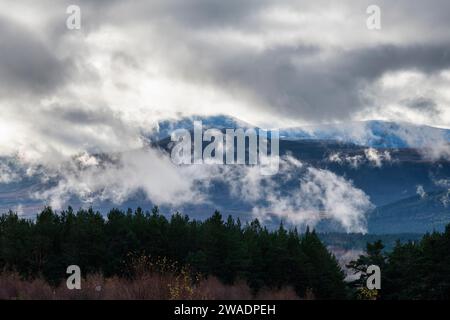 Destillerie-Dampf und niedrige Wolken über Balmoral Anwesen, Aberdeenshire, Schottland Stockfoto