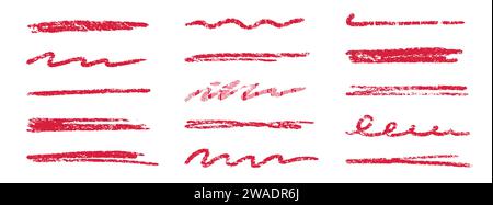Pinselstrich mit Buntstift rot unterstrichen. Hervorhebungsstrich mit Kreidestift. Vektor Handgezeichneter Pinsel Unterstrich Element Set für Akzent, Buntstift Textur Hervorhebung Element. Illustration des roten Kreidevektors Stock Vektor