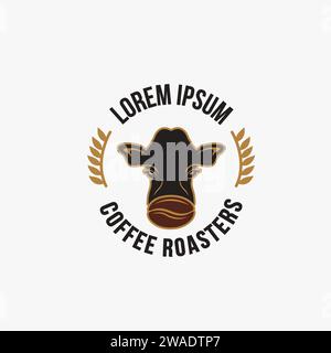 Vintage-Retro-Logo der schwarzen angus-Kuh und Kaffeeröster-Logo-Symbol-Vektorvorlage auf weißem Hintergrund Stock Vektor
