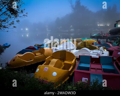 Kodaikanal, Tamil Nadu. Indien - 15. Dezember 2023: Boote stapelten sich nach den Öffnungszeiten im Kodaikanal Boat House zusammen. Stockfoto