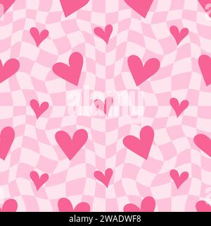 Nahtloses Y2K-Muster mit Herzen. Abstrakter, grooviger Retro-Hintergrund. Rosa funky Vektortapete für Valentinstag. Mädchenhaft schöner karierter Vintage Stock Vektor