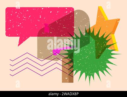 Risograph Mailbox mit Sprechblase mit geometrischen Formen. Objekte in trendigem Riso-Grafik-Design mit Texturelementen. Stock Vektor