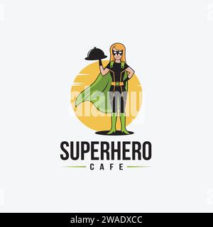 Cartoon Maskottchen Superheld Kellner Logo Vektorvorlage, Superservice Restaurant Logo Konzept auf weißem Hintergrund Stock Vektor