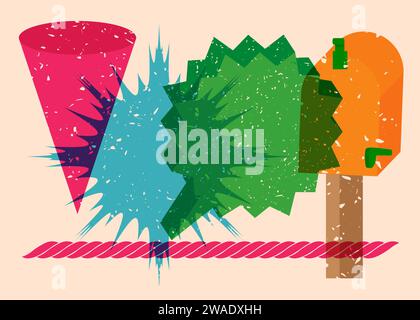 Risograph Mailbox mit Sprechblase mit geometrischen Formen. Objekte in trendigem Riso-Grafik-Design mit Texturelementen. Stock Vektor