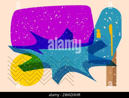 Risograph Mailbox mit Sprechblase mit geometrischen Formen. Objekte in trendigem Riso-Grafik-Design mit Texturelementen. Stock Vektor