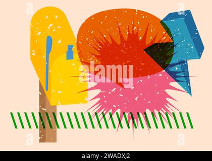 Risograph Mailbox mit Sprechblase mit geometrischen Formen. Objekte in trendigem Riso-Grafik-Design mit Texturelementen. Stock Vektor