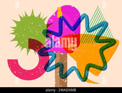 Risograph Mailbox mit Sprechblase mit geometrischen Formen. Objekte in trendigem Riso-Grafik-Design mit Texturelementen. Stock Vektor