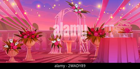 Hochzeitszeremonie am Strand bei Sonnenuntergang. Vektor-Karikaturillustration der hölzernen Terrasse mit Bändern und Blumen, romantischen Bogen, Weingläsern und Kuchen auf dem Tisch, Meerblick unter rosa Himmel Stock Vektor