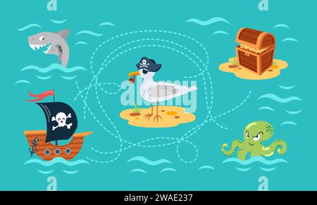 Schatzkarte. Piratenschiff, Oktopus, Möwe und Hai. Brust mit Dublonen. Lernspiel für Kinder. Zeichentrickfiguren. Illustration für Spiel des Stock Vektor