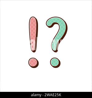 Comic-Zeichentrick-Fragezeichen und Ausrufezeichen, Retro-Halbton-Stil, faq-Symbol. Abbildung des Rohteils-Vektors auf weißem Hintergrund isoliert. Stock Vektor