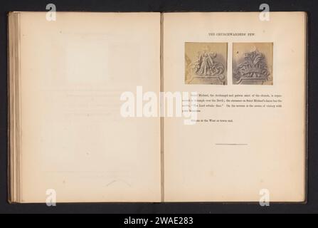Zwei Dekorationen von Bänken für Kirchenwächter in St. Michael in Cornhill, Anonym, um 1857 - in oder vor 1867 Foto links: Michaël Wer den Teufel überwindet, rechts: Krone mit Palmblättern. St. Michael fotografische Nachdruckbank für Albuminen. Der Erzengel Michael kämpft gegen den Drachen (Teufel, Satan). Krone (Symbol der Souveränität) Stockfoto